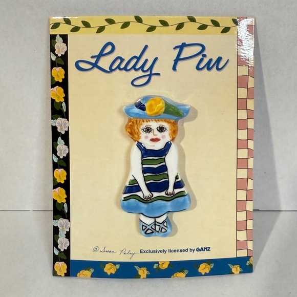 GANZ Susan Paley Lady Pin Louisa Girl Blue Hat Striped Dress Brooch - Picture 11 of 14